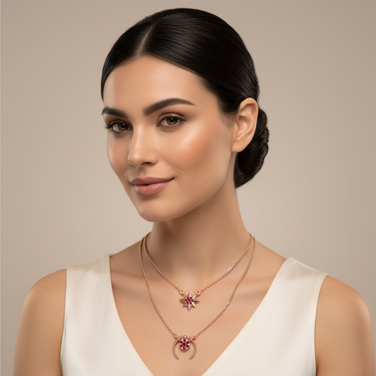Ruby Star And Flower Layered Necklace Set - Two