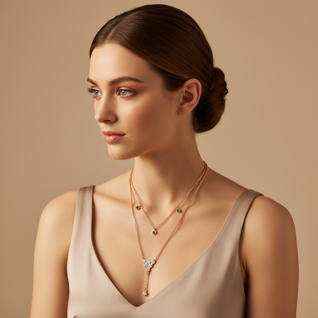 Layered Emerald And Diamond Floral Ydrop Necklace - Two