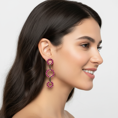 Pink Sapphire Triple Circle Link Drop Earrings - Two