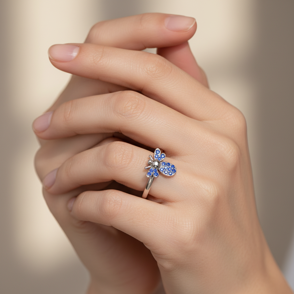 Blue Stone Bee Ring In White Gold - Two