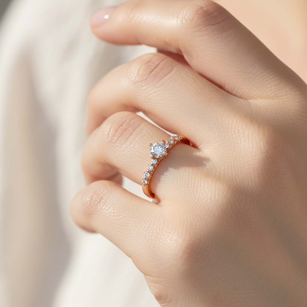 Rose Gold Diamond Solitaire Engagement Ring With Pave Band - Two