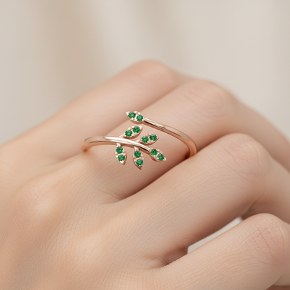 Emerald Leaf Vine Wrap Ring - Two