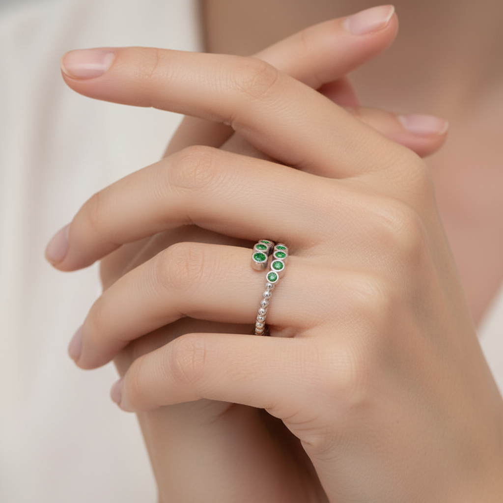 Beaded Open Wrap Ring With Green Emerald Stones - Two