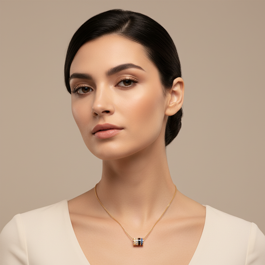 Diamond & Blue Sapphire Barrel Pendant Necklace With Black Enamel In White Gold | Modern Cylindrical Design | Jebij - Two