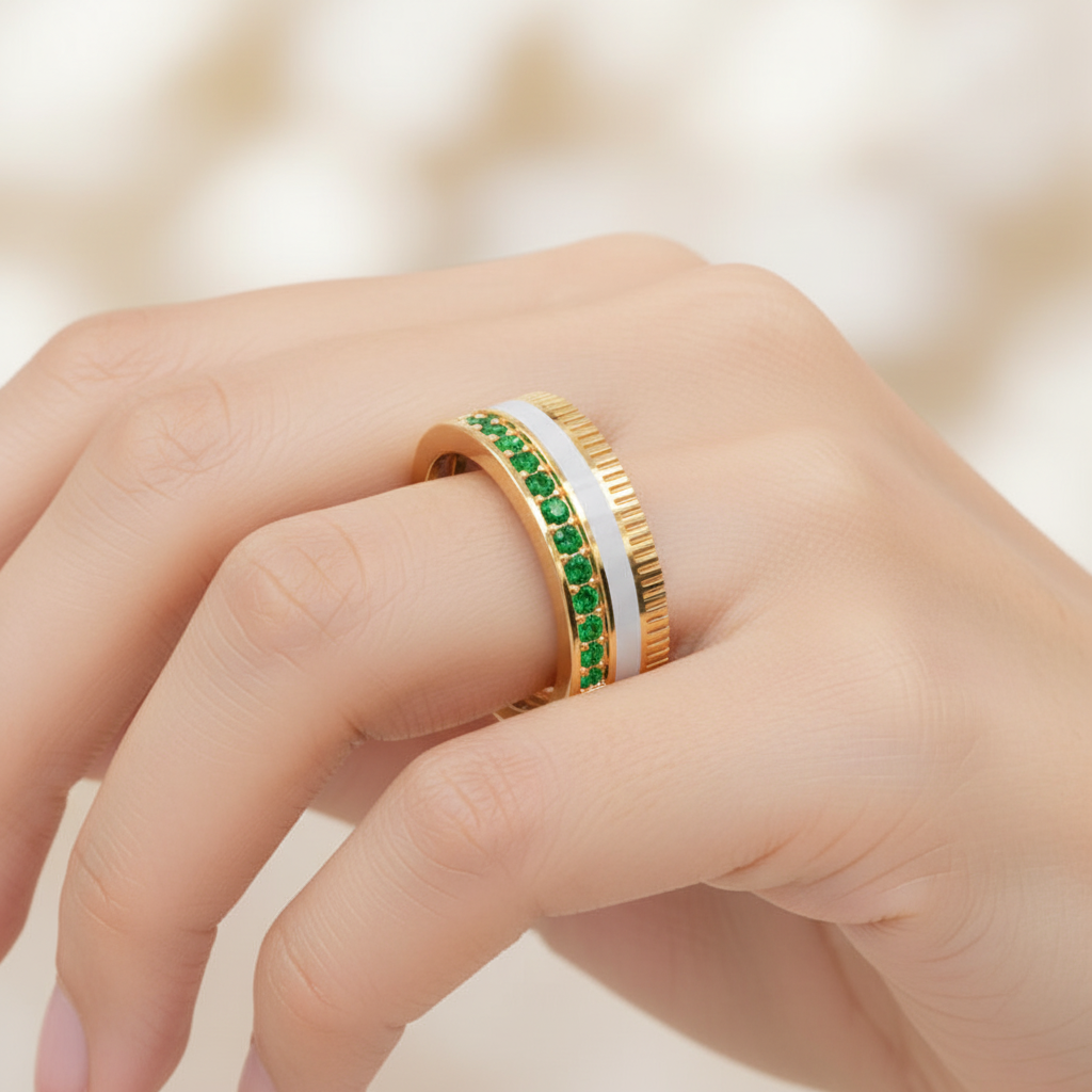 Yellow Gold Emerald Band Ring with White Enamel Center – Customizable Luxury Statement Ring | Jebij