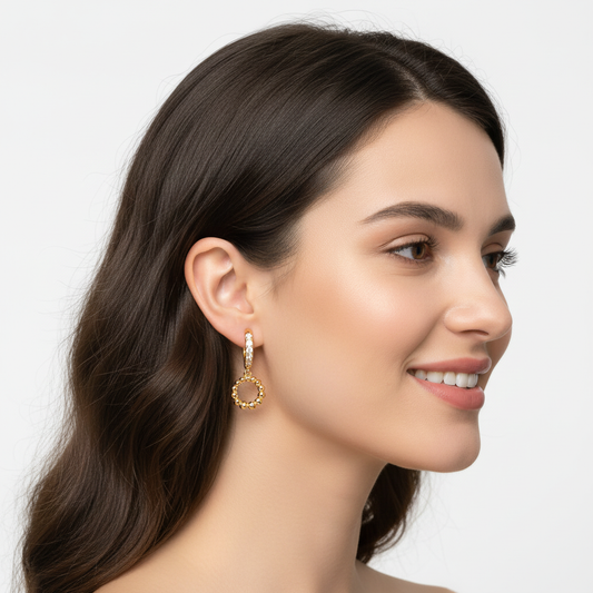 Pav Huggie Hoop Earrings with Beaded Circle Drop Charms