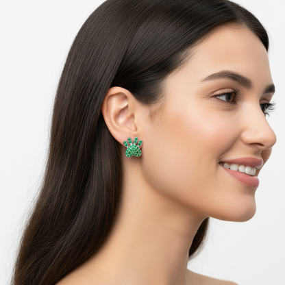 Green Crystal Paw Print Stud Earrings With Screw Back - Two