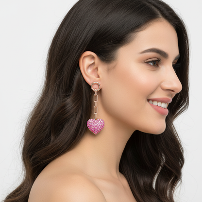 Pink Crystal Heart Chain Link Drop Earrings - Two