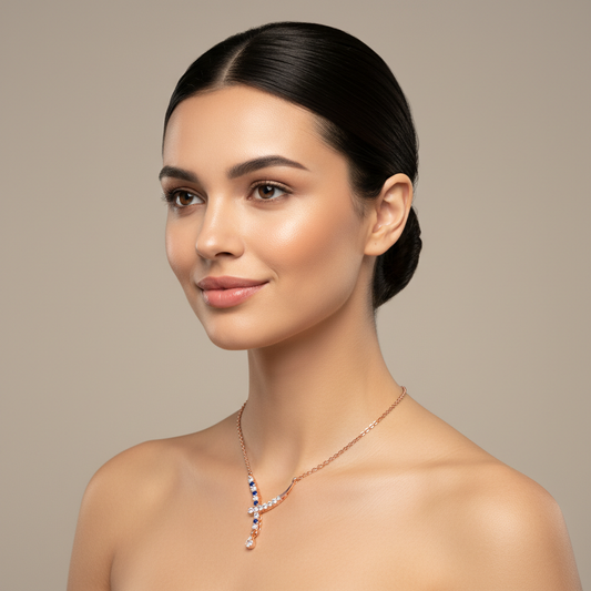 Rose Gold Diamond And Blue Gemstone Accents Drop Necklace - Two