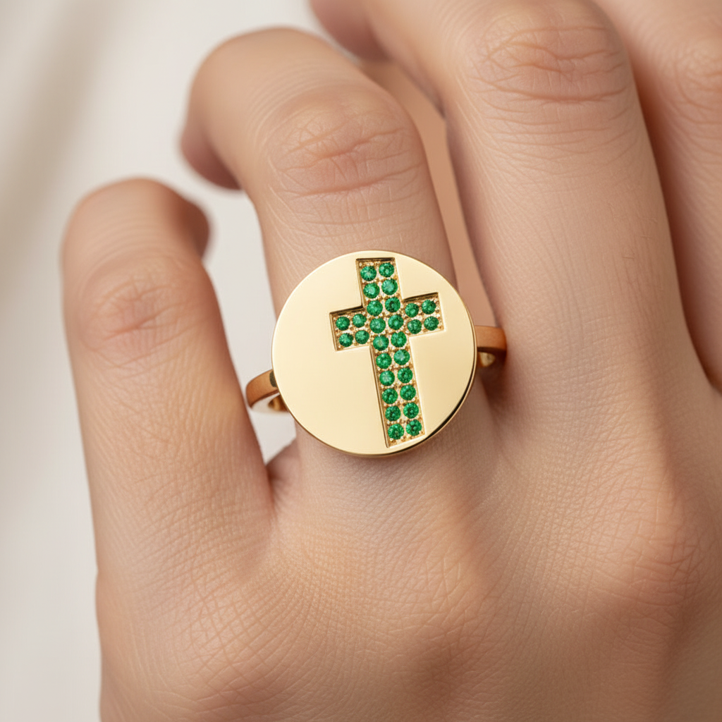 Emerald Cross Signet Ring With Disc Design - Two