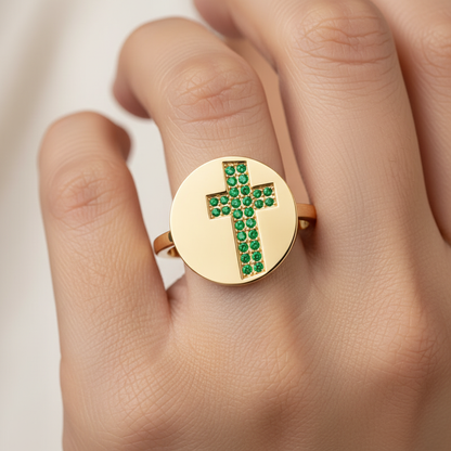 Emerald Cross Signet Ring With Disc Design - Two