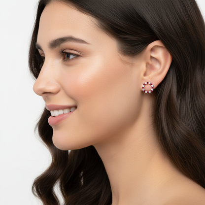 Red Gemstone And White Diamond Circle Stud Earrings In White Gold - Two