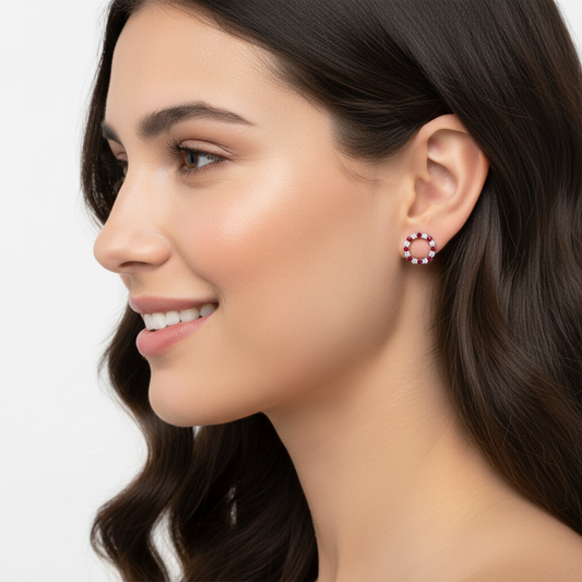 Red Gemstone And White Diamond Circle Stud Earrings In White Gold - Two