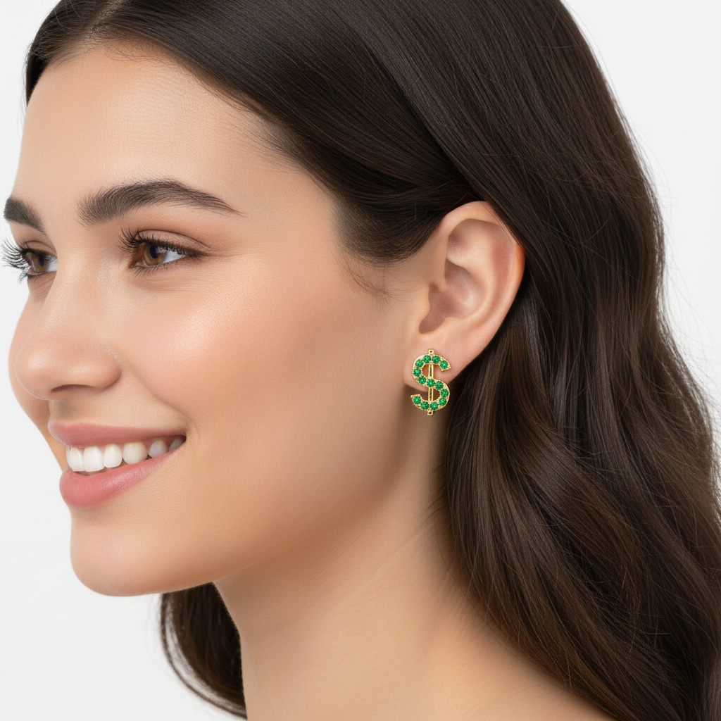 Dollar Sign Stud Earrings With Green Crystals Screw Back Closure - Two