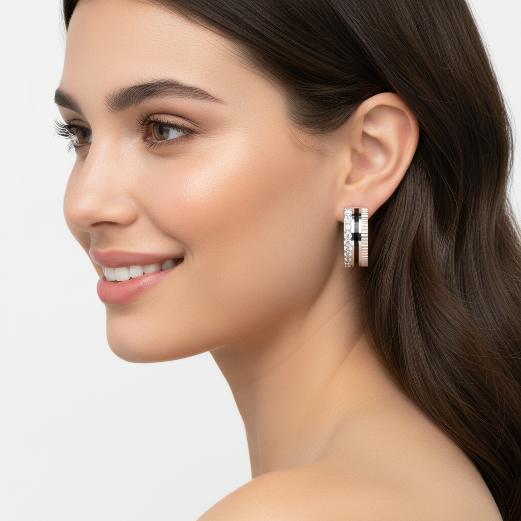 Wide Textured Hoop Earrings With Pav Crystal Accent Stripe - Eight