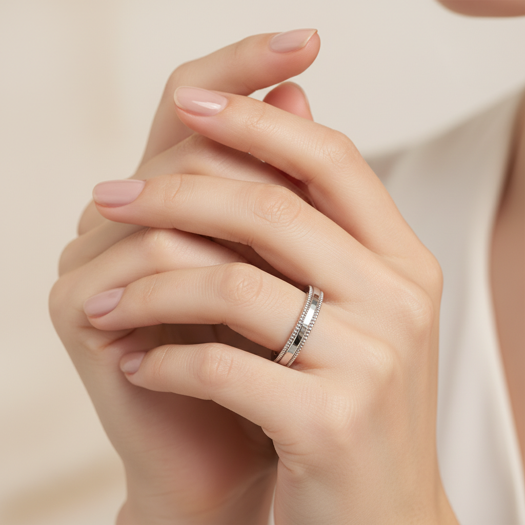 White Gold Milgrain Edge Wedding Band Ring - Two