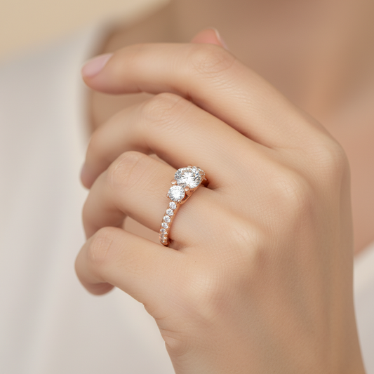 Rose Gold Three Stone Round Cut Diamond Engagement Ring With Pave Band