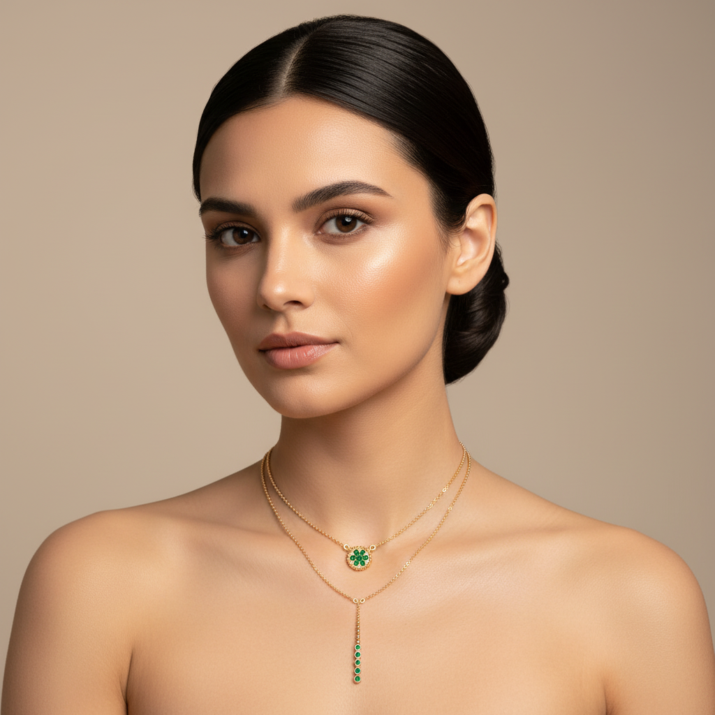 Emerald Flower Medallion And Bar Drop Layered Necklace - Two