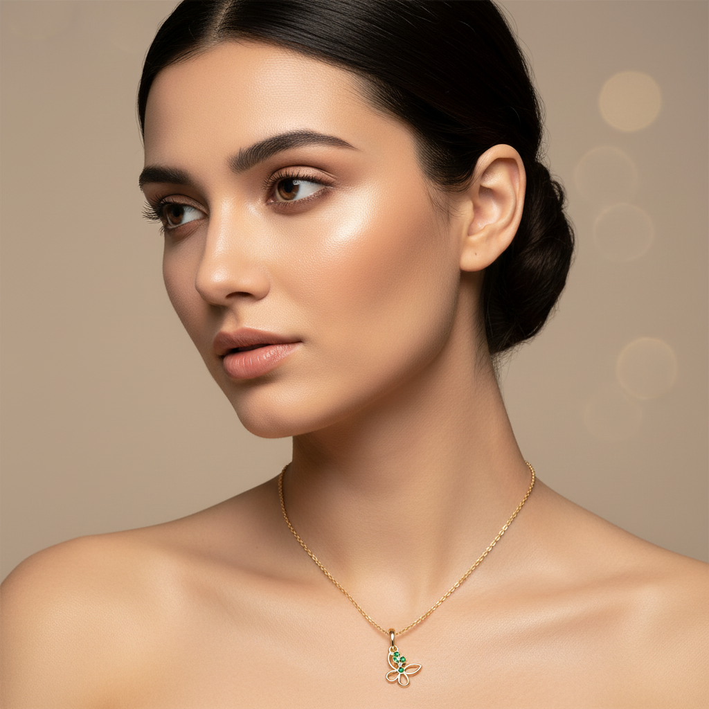 Green Gemstone Butterfly Pendant Necklace With Chain - Two