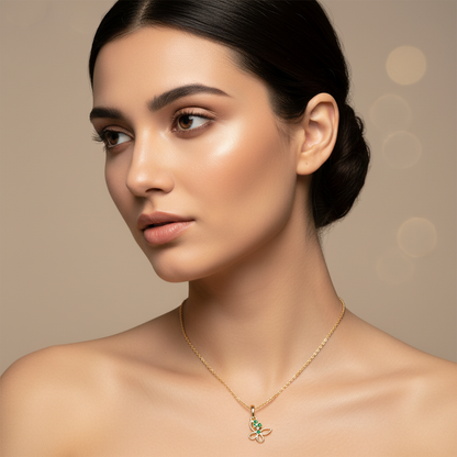 Green Gemstone Butterfly Pendant Necklace With Chain - Two