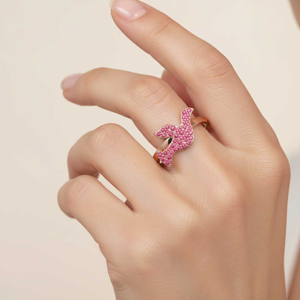Pav Ruby Butterfly Ring In Rose Tone - Two