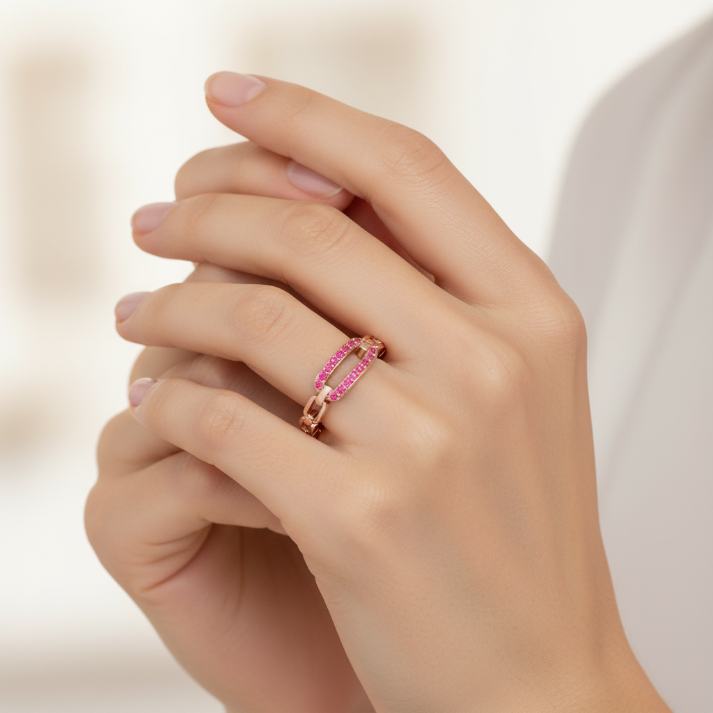 Lab-Grown Ruby Interlocking Link Ring In Rose Gold | Modern Chain Style Statement Ring For Women | Jebij - Two