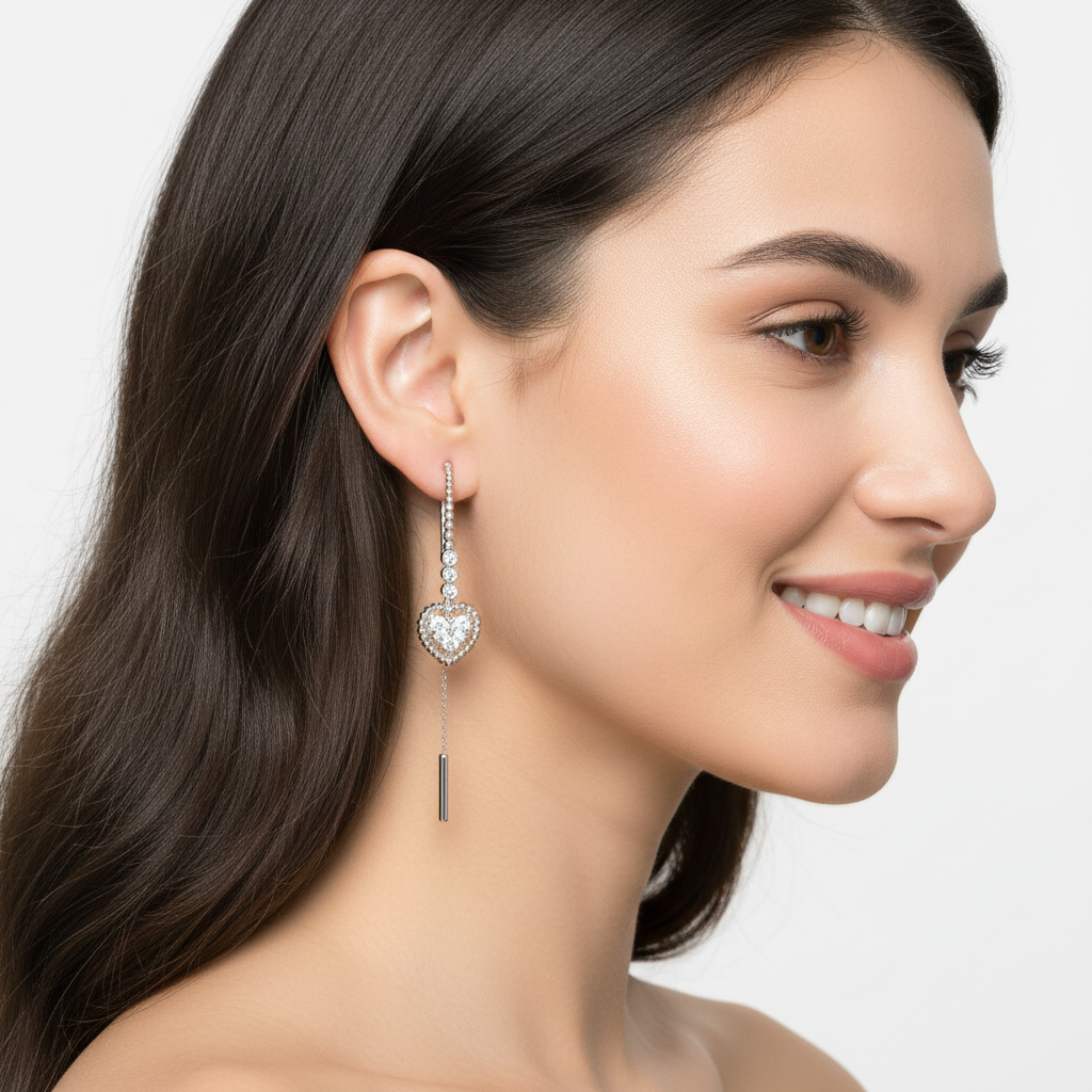 Crystal Heart Threader Earrings With Bar Drop - Two