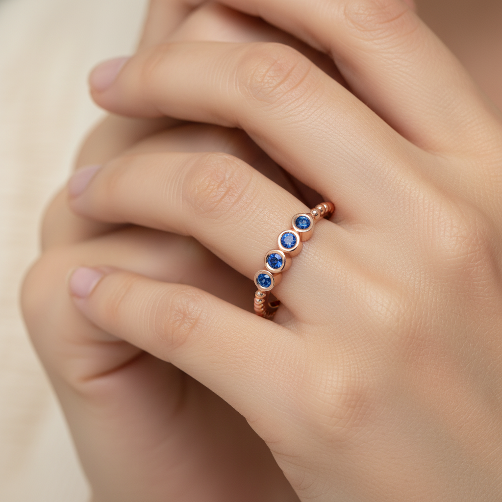 Blue Sapphire Bezel Half Band Ring in Rose Gold – Minimal 5 Stone Stackable Ring | Jebij