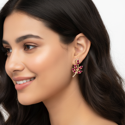 Red Crystal Leaf Branch Ear Jacket Stud Earrings - Two