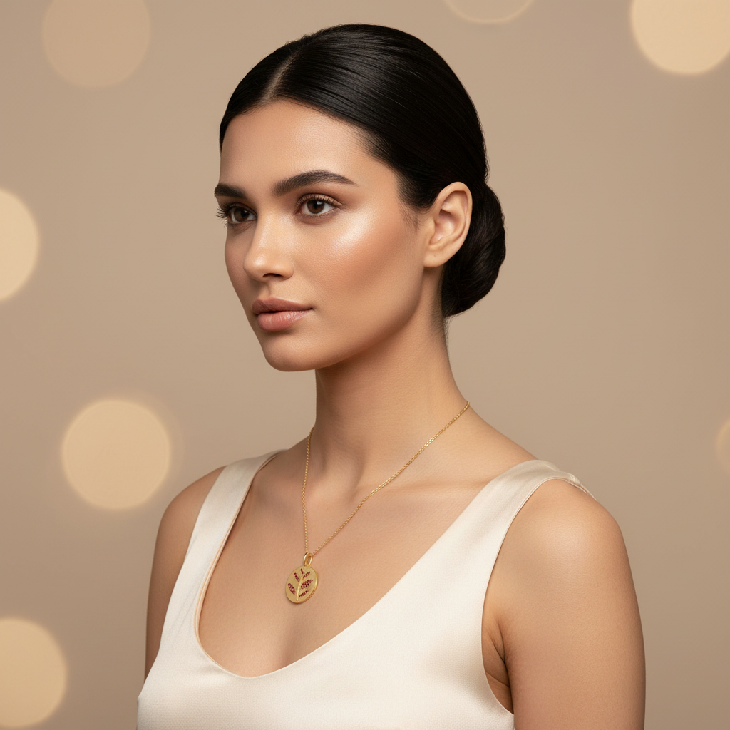 Rose Tone Leaf Disc Pendant Necklace With Pink Gemstones - Five