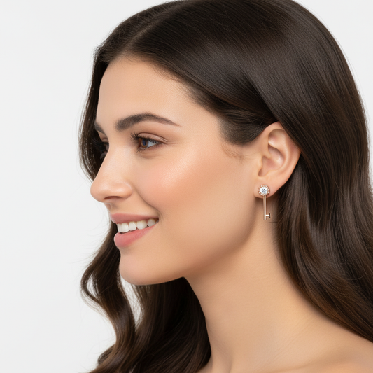 Rose Gold Key Earrings with Crystal Studs