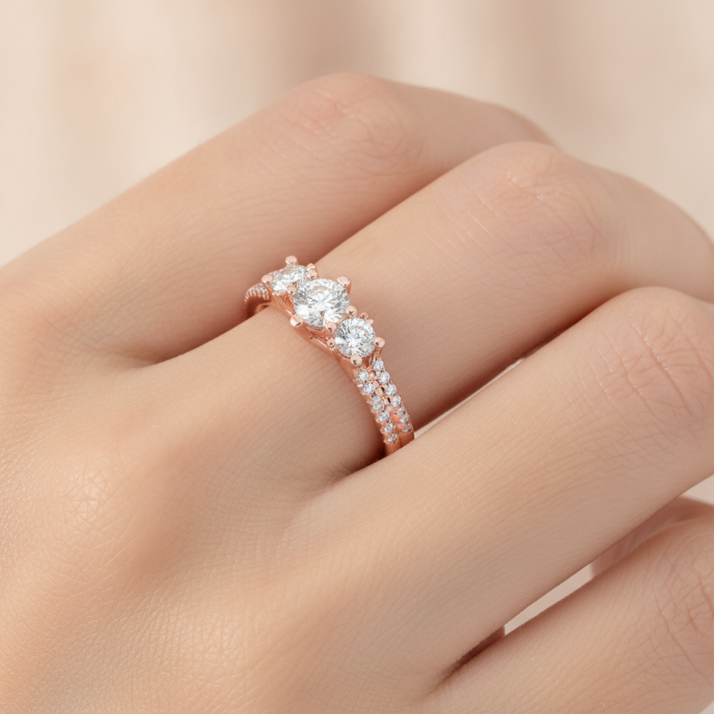 Glittering Tri Stone Ring In 925 Sterling Silver - Fourteen