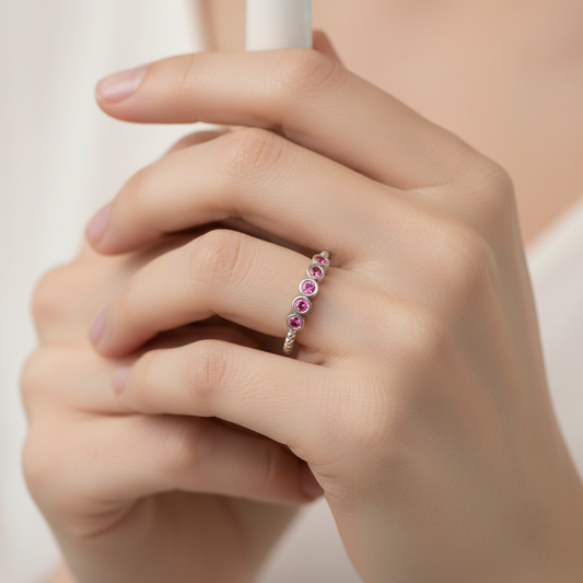 Lab-Grown Ruby Bezel Half Band Ring in White Gold – Minimal 5 Stone Stackable Ring | Jebij