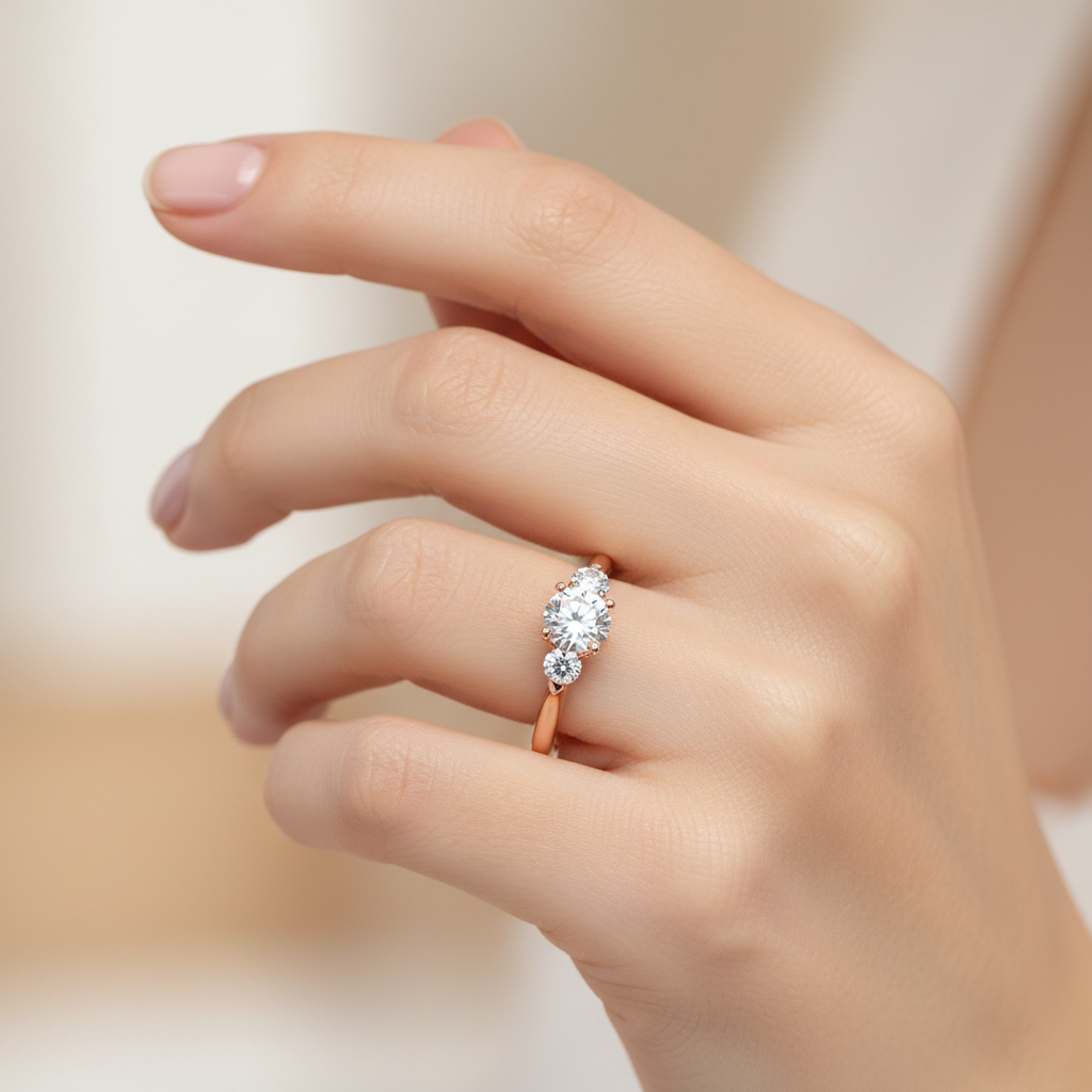 Rose Gold Three Stone Diamond Engagement Ring With Side Stones - Two
