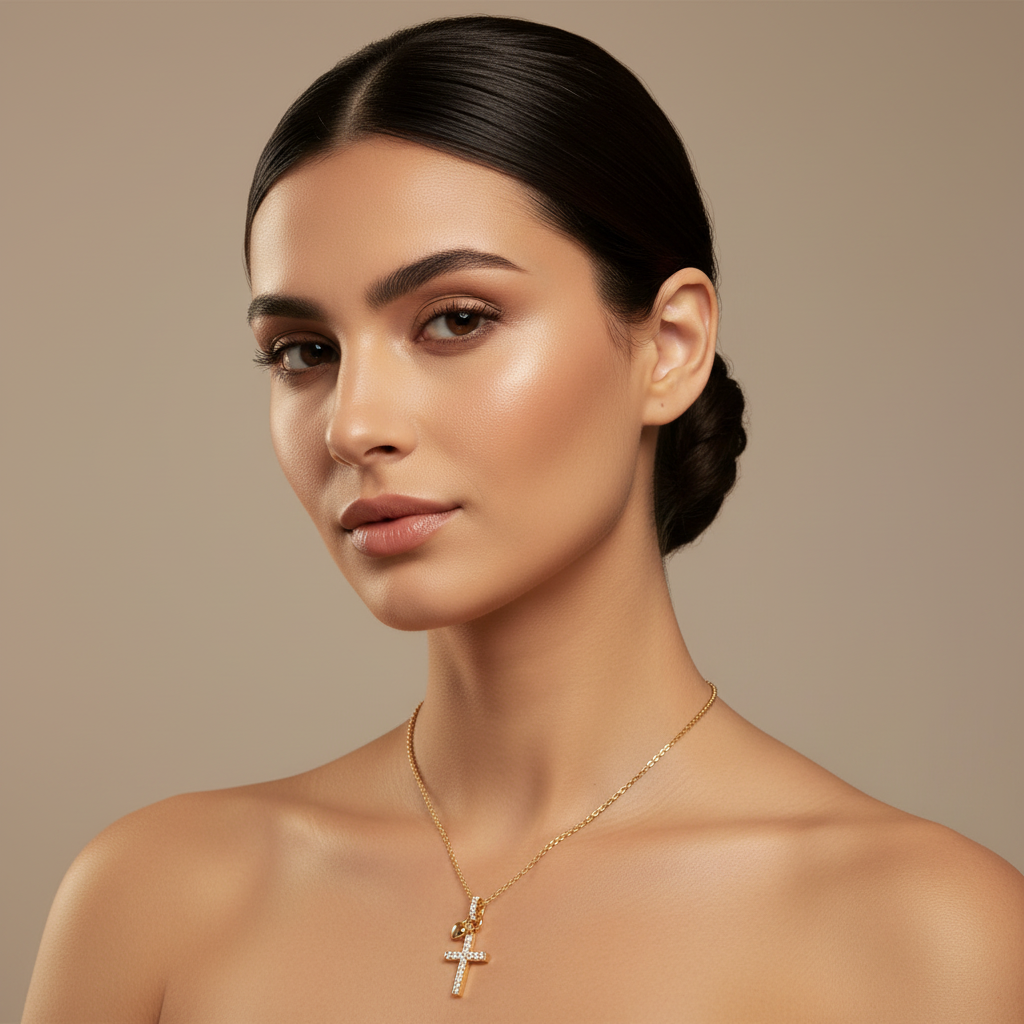 Pav Cross Pendant Necklace With Heart Charm - Five