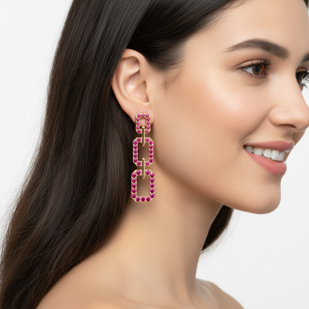 Pink Crystal Triple Link Chain Drop Earrings - Two