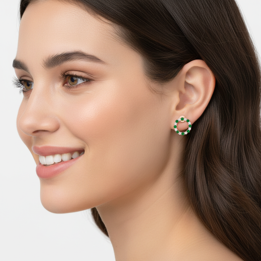 Rose Gold Emerald And Diamond Circle Stud Earrings - Two