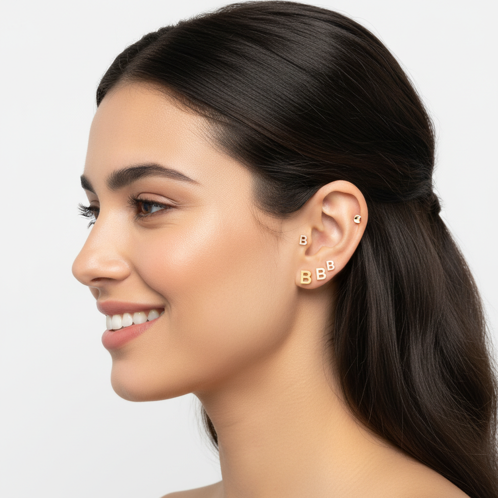 Gold Letter B Initial Stud Earrings - Two