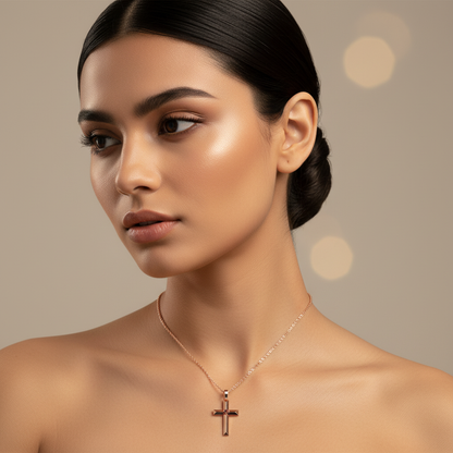 Rose Tone Cross Pendant Necklace With Red Crystal Center Stone - Two