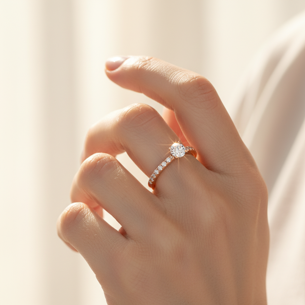 Rose Gold Solitaire Diamond Engagement Ring With Pav Band - Two
