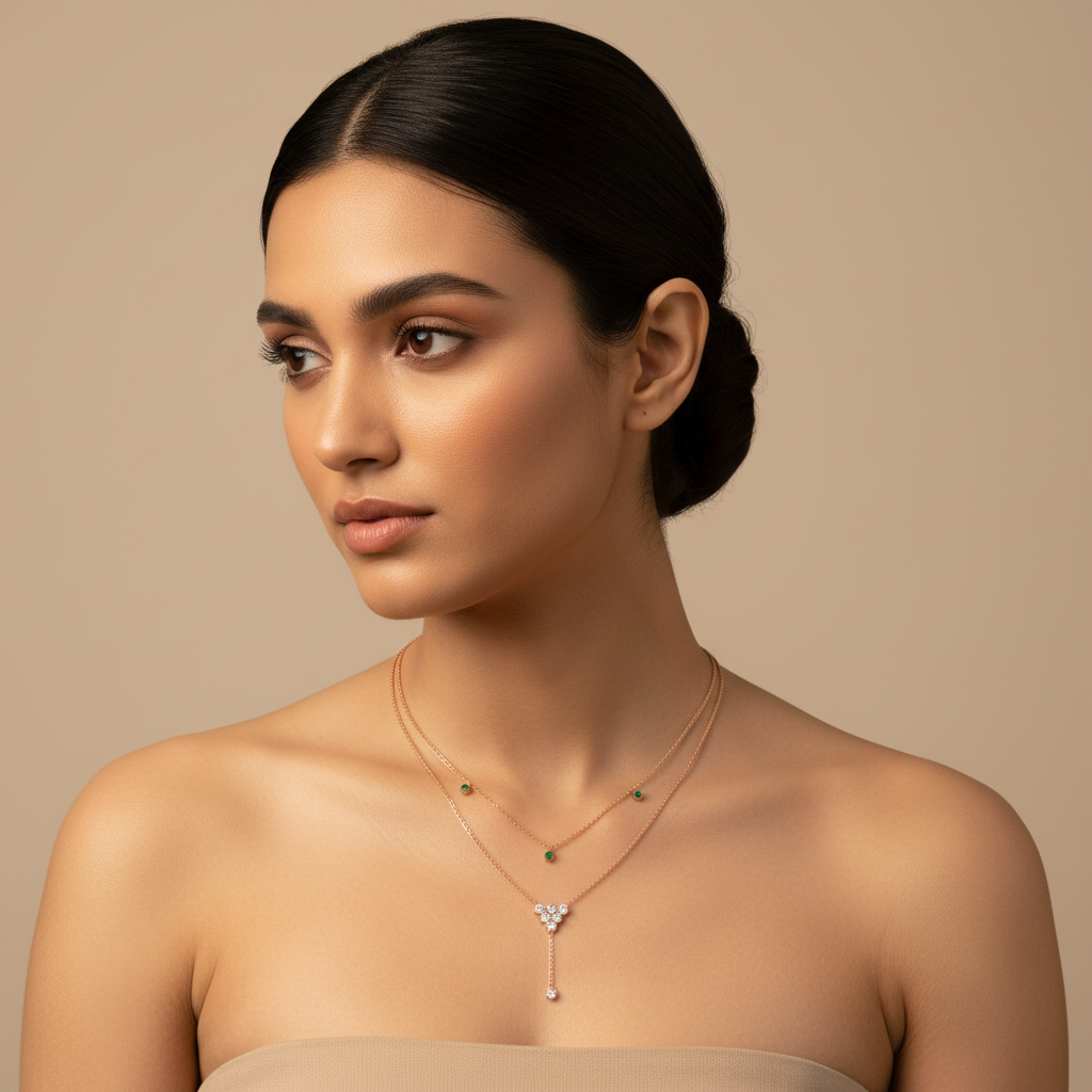 Layered Emerald And Diamond Floral Ydrop Necklace - Eight