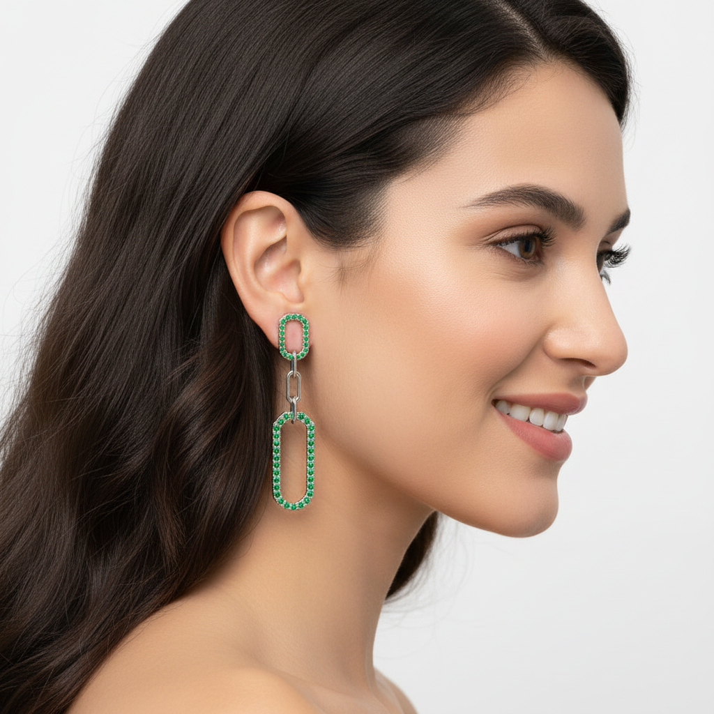 Green Lab Grown Gemstone Link Drop Earrings Pave Oval Chain Statement Dangle Design - Two