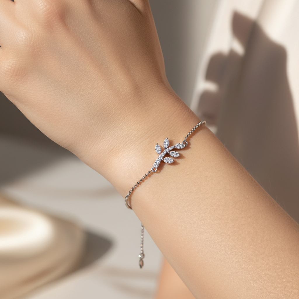 Delicate Leaf Branch Bracelet With Cubic Zirconia Stones - Two