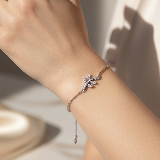 Delicate Leaf Branch Bracelet With Cubic Zirconia Stones - Two