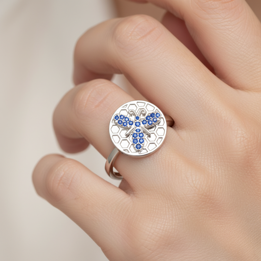 Blue Sapphire Honeycomb Bee Ring With Hexagonal Pattern Design - Two