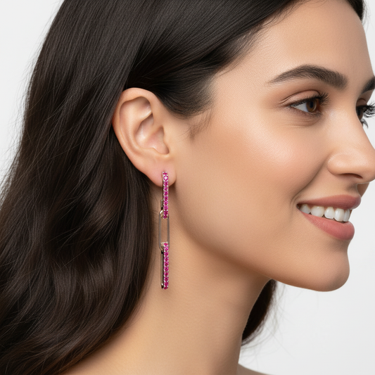 Pink Sapphire Pav Link Drop Earrings With Paperclip Design - Two
