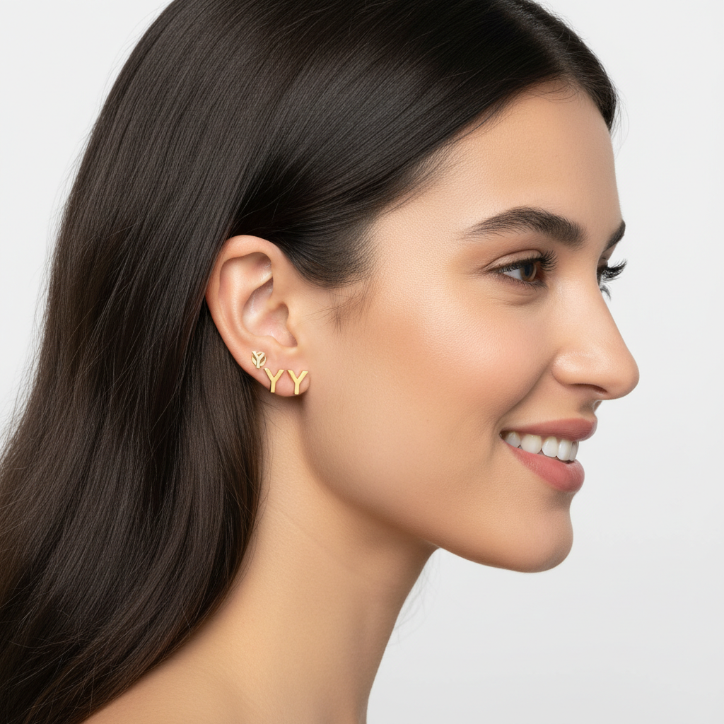 Gold Letter Y Initial Stud Earrings - Two