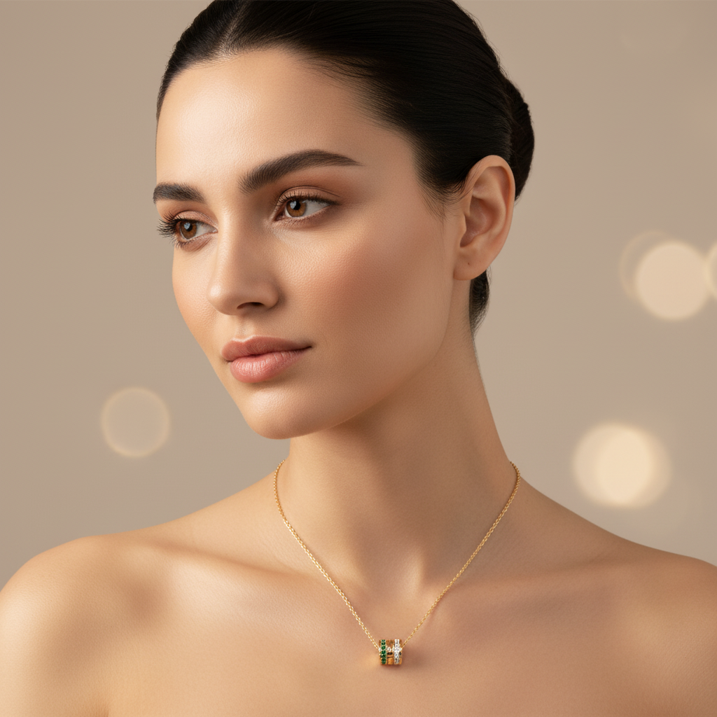 Minimal Green Gemstone Barrel Pendant | Diamond Necklace In Yellow Gold | Jebij - Two