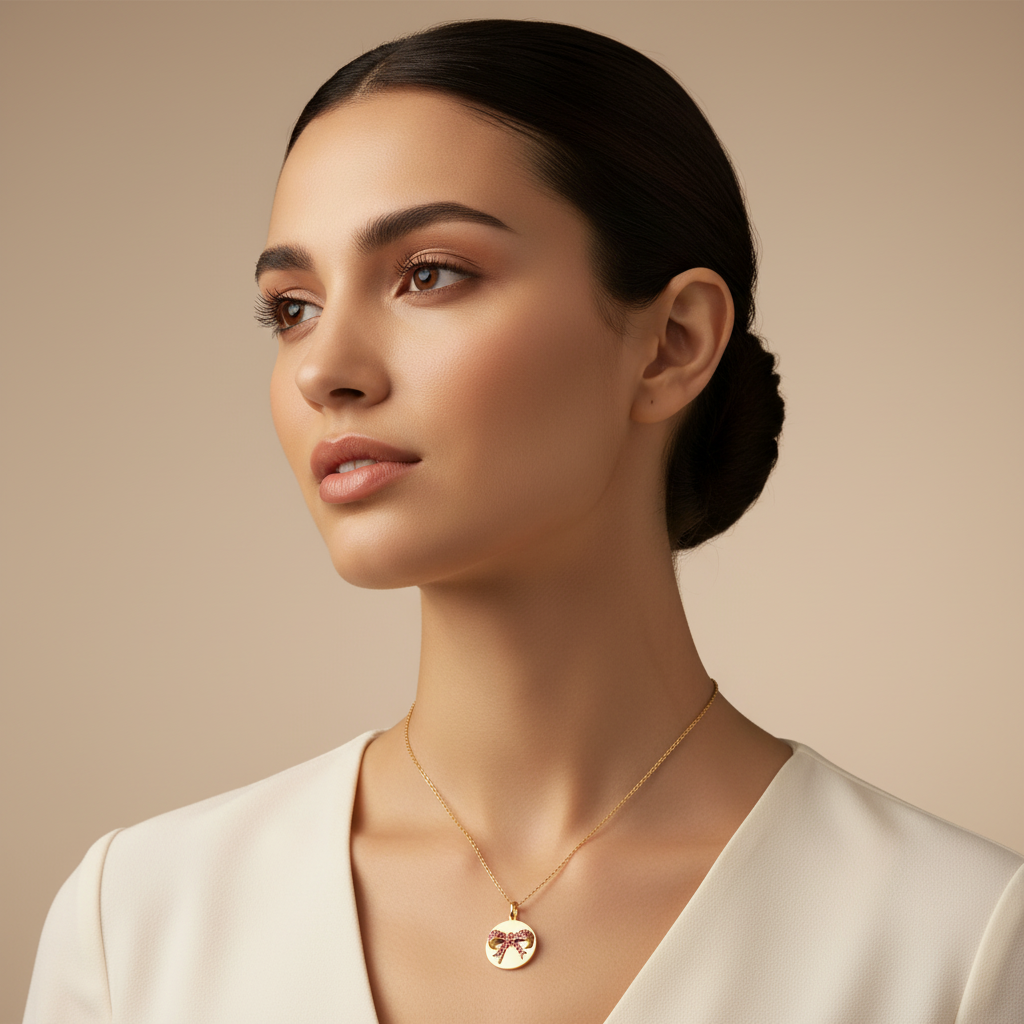 Pink Sapphire Bow Disc Pendant Necklace - Five