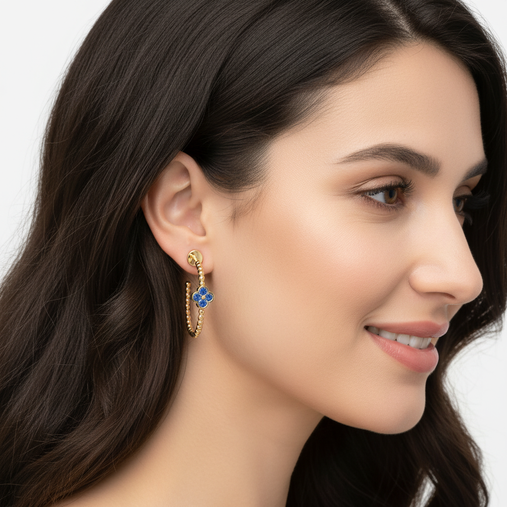 Blue Crystal Flower Beaded Hoop Earrings - Two